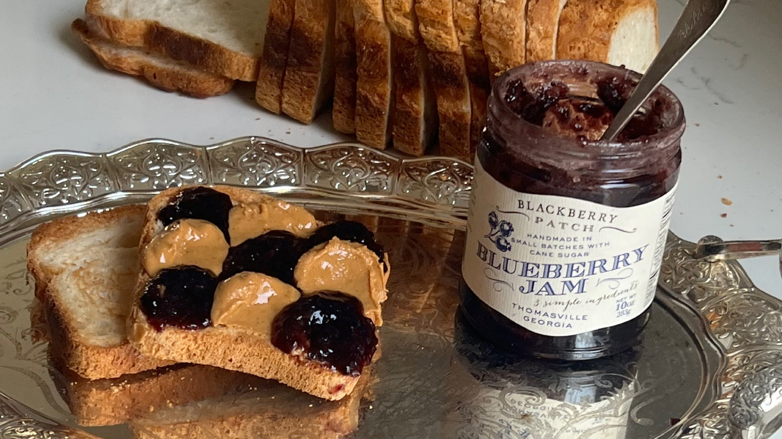 Sourdough Toast with Peanut Butter & Blueberry Jam