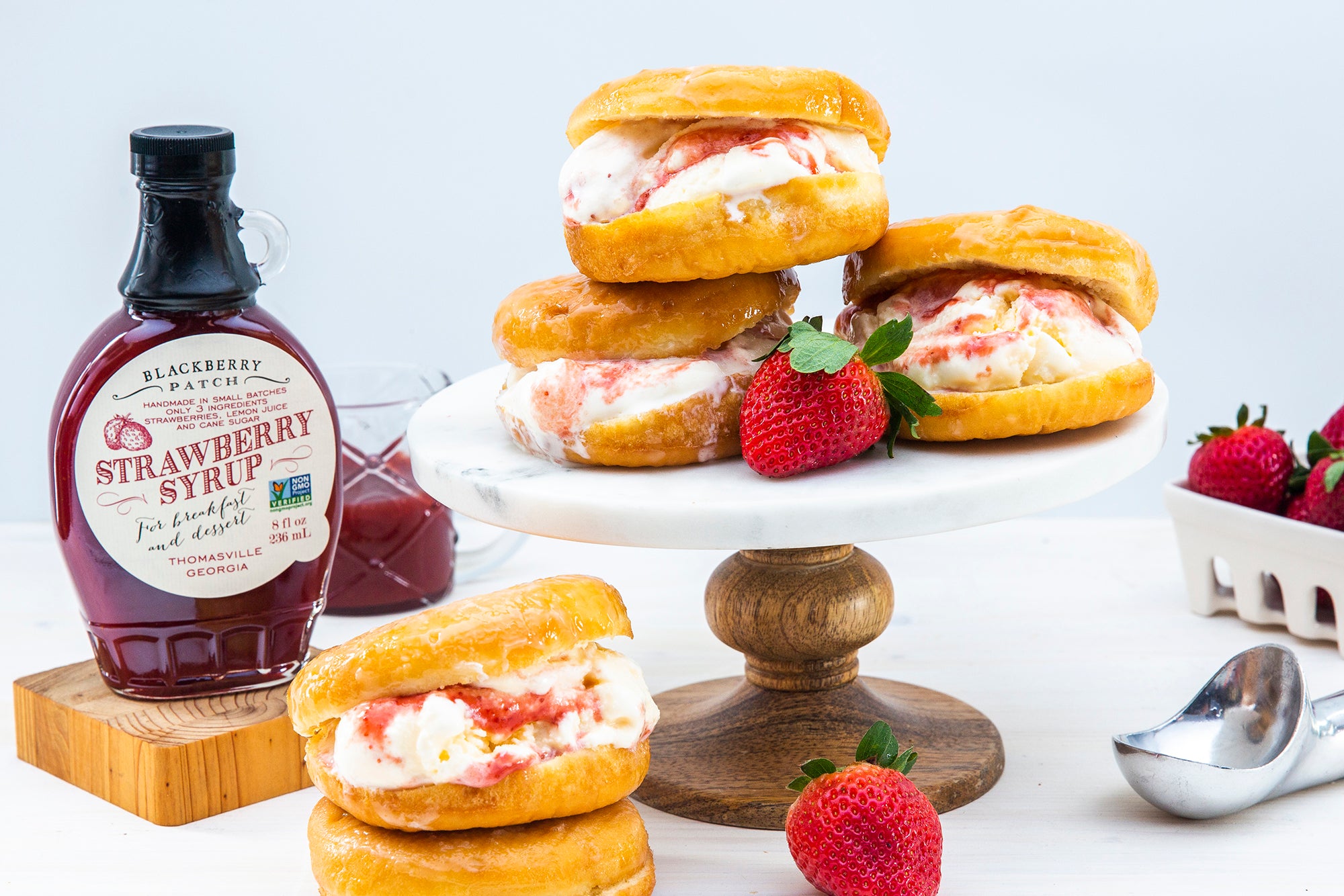 Recipe photo of Donut Ice Cream Sandwich using Blackberry Patch Premium Strawberry Syrup