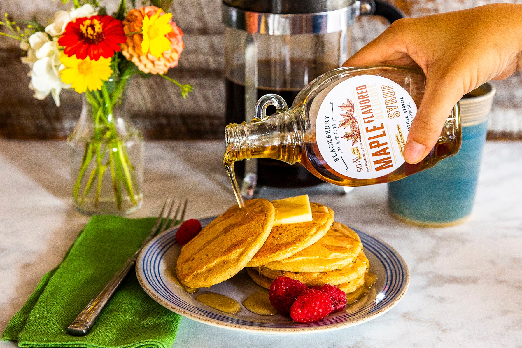 Recipe photo of Oatmeal Pancakes using Blackberry Patch Maple Flavored Allulose Syrup
