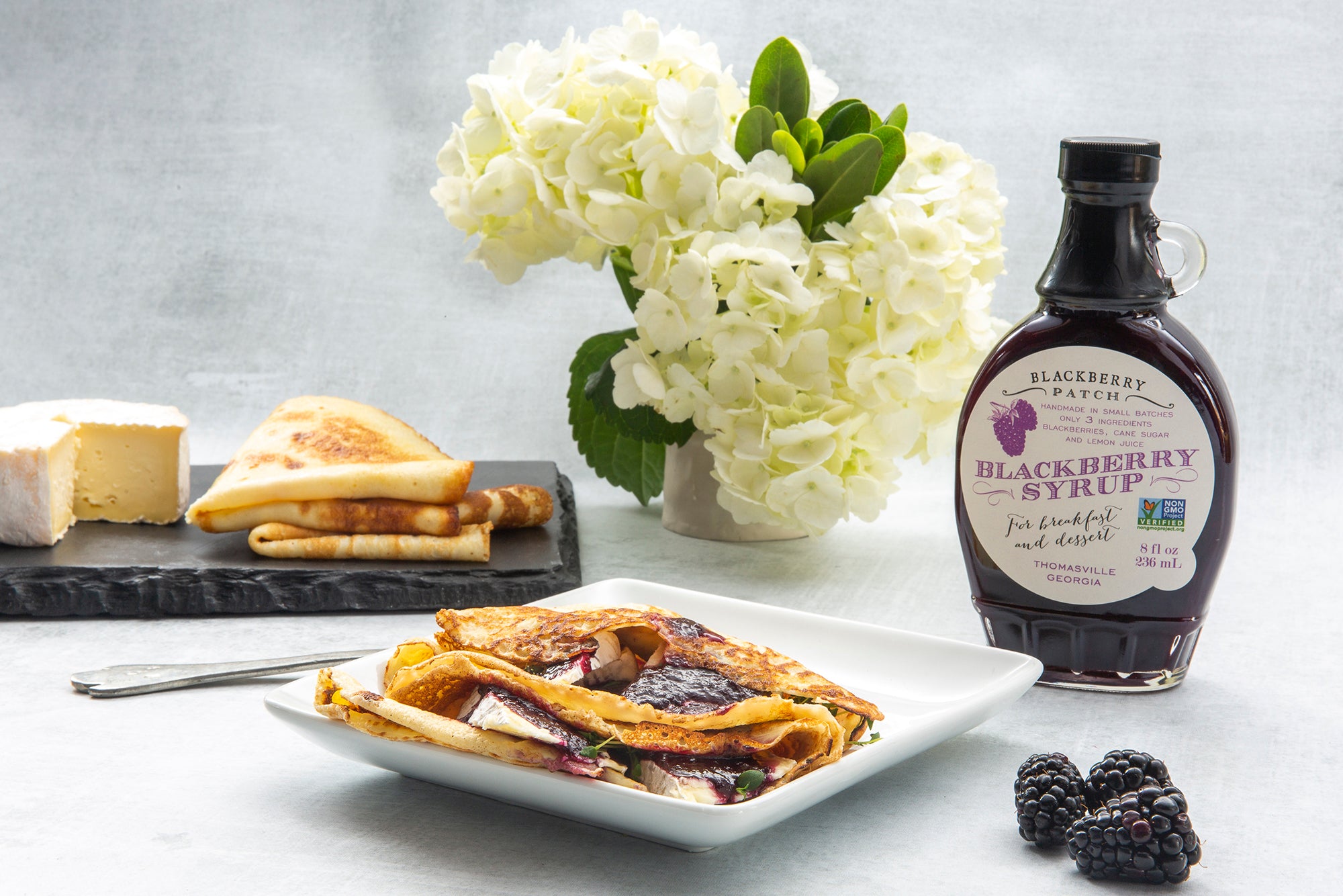 Recipe photo of Blueberry and Camembert Crepe using Blackberry Patch Premium Blackberry Syrup