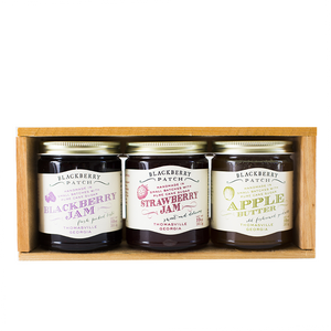 3 10oz jars of Blackberry Patch Preserves in a wooden gift crate. 