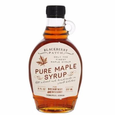 8oz glass jar of Blackberry Patch Pure Maple Syrup with pour handle